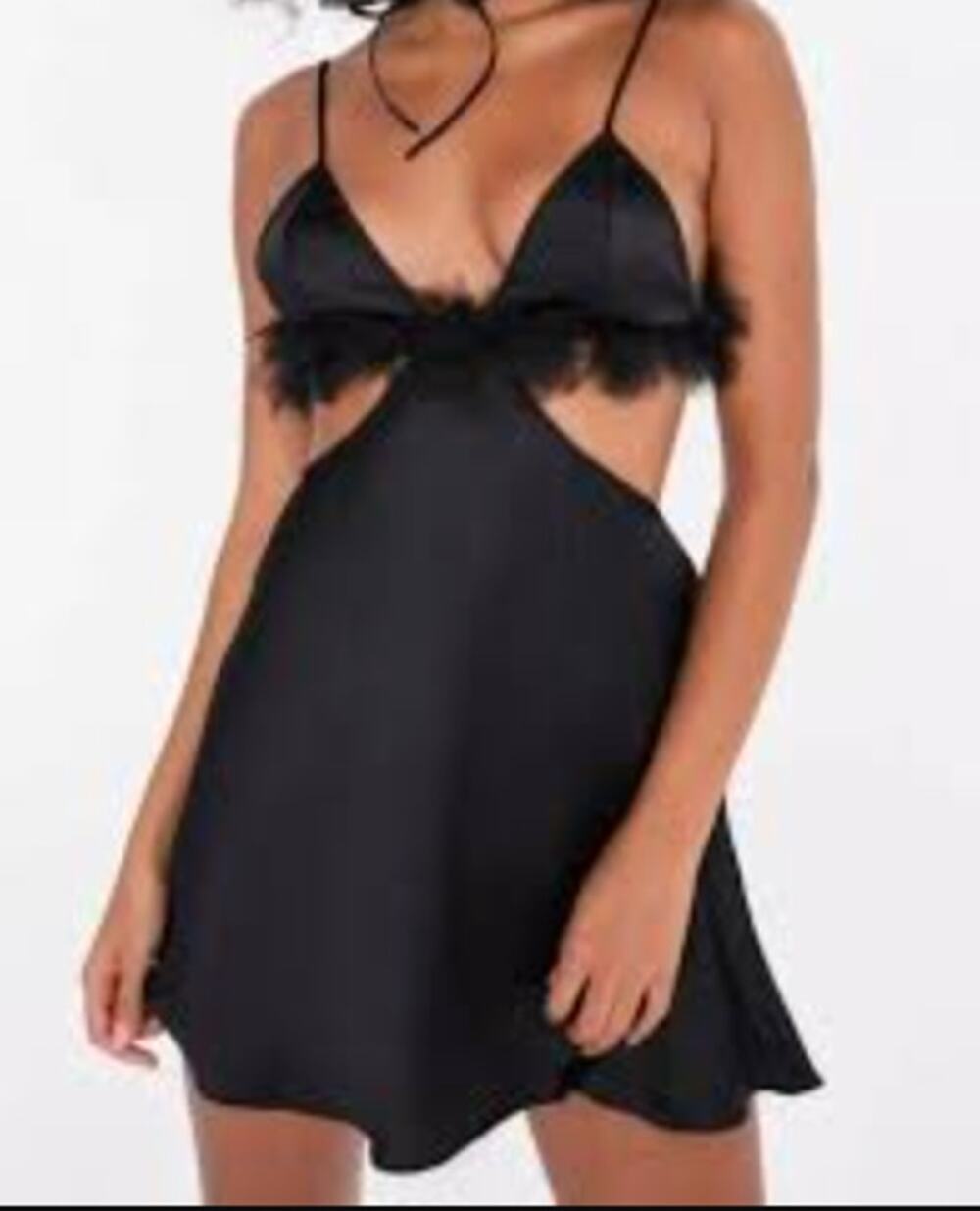 For Love & Lemons Satin Tulle Trim Cutout Mini Slip Dress Black Medium